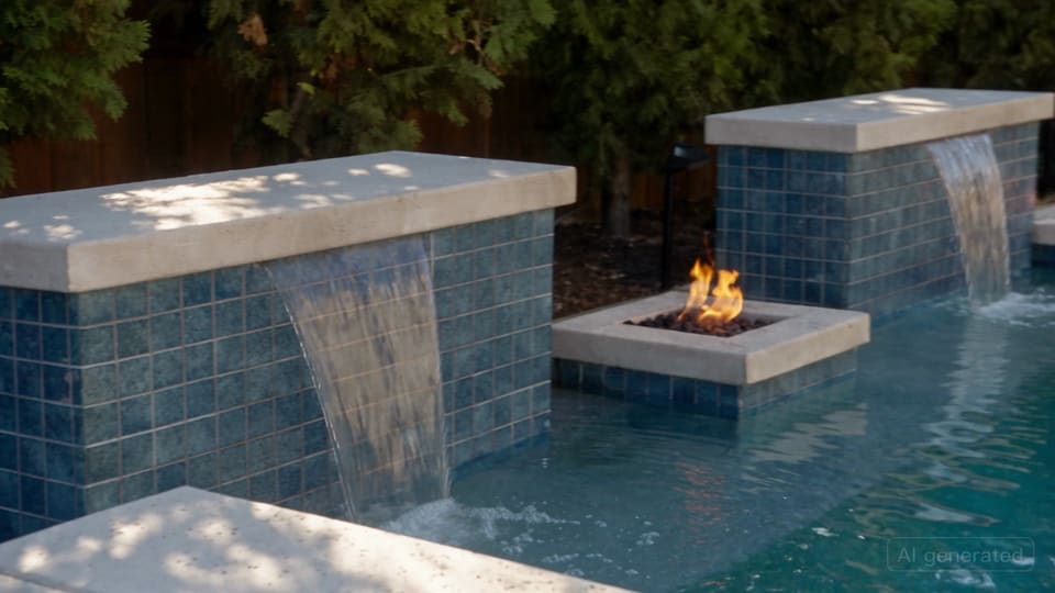 The same design filmed as a photoreal video: water pouring from the sheer descents, the fire bowls lit, a family playing in the pool, ending on the full backyard.
