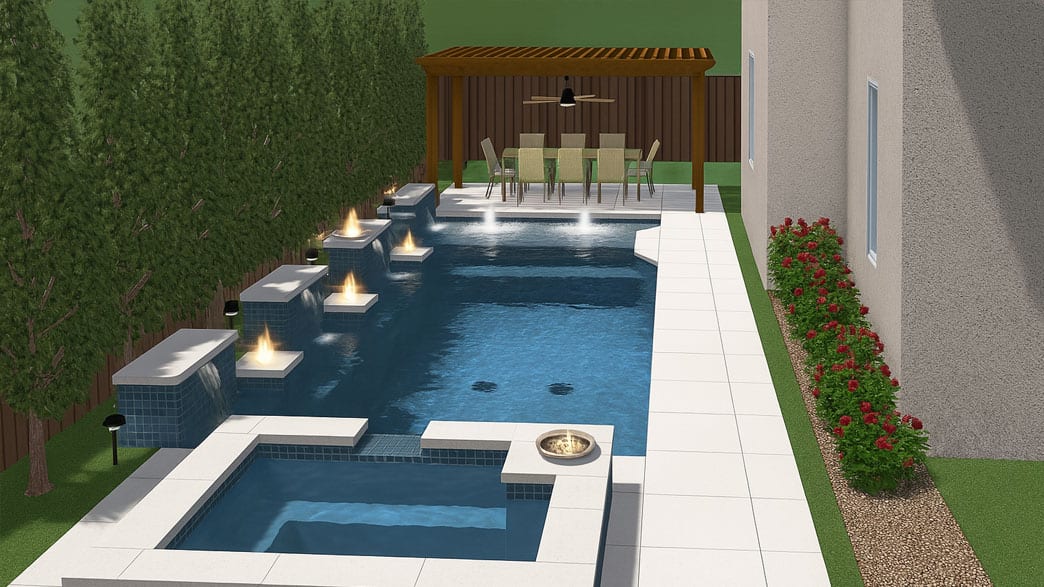 A 3D render of a narrow pool as exported from design software: three tiled sheer descents with fire bowls between them, a raised spa, and a pergola over a dining table.